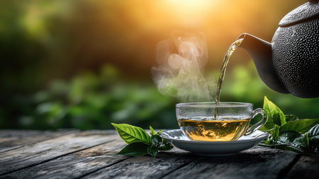 A beautiful scene of hot tea being poured into a glass cup, with steam rising and sunlight shining through a lush green background, evoking comfort and relaxation.の素材