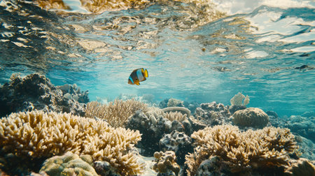 A captivating scene of a colorful fish swimming gracefully over a vibrant coral reef, showcasing the beauty of marine life in clear blue water.の素材