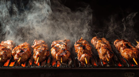 Enjoy the sight of delicious meat skewers grilling over a charcoal fire, infused with smoky flavors. Perfect for summer gatherings and outdoor meals.の素材
