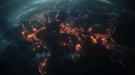 A stunning illustration of the world map featuring glowing network connections across continents, showcasing global connectivity and modern technology.の素材