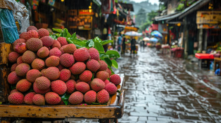 A vibrant scene of fresh lychee fruits displayed in a rainy market. The wet street reflects the lively atmosphere as shoppers explore the colorful vendor stalls.の素材