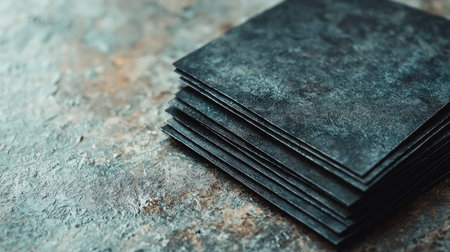 Aesthetic view showcasing stacks of dark textured paper placed on a rustic surface, creating a visually striking composition ideal for design and artistic projects.の素材