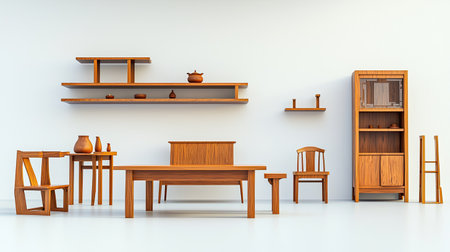 This image showcases a modern wooden furniture set in a minimalist interior. It emphasizes clean lines and warm tones, fitting for contemporary design aesthetics.の素材