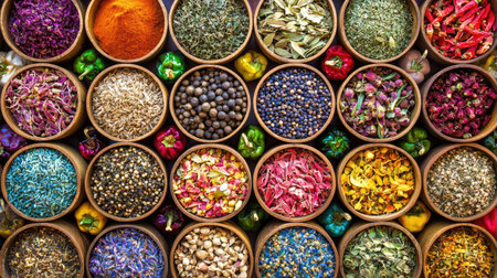 A vibrant collection of spices and herbs displayed in rustic bowls on a wooden table, showcasing an array of colors and textures that enhance culinary creations.の素材