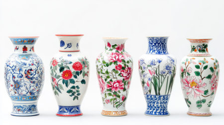 A collection of five beautifully crafted traditional Chinese porcelain vases featuring intricate floral designs and vibrant colors, ideal for collectors and decor.の素材