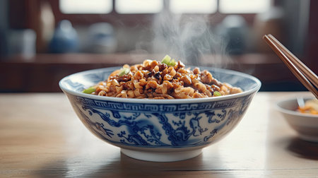A steaming bowl of fried rice with chicken and vegetables sets an inviting scene. This traditional dish showcases vibrant colors and comforting aromas, perfect for food lovers.の素材