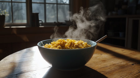 A steaming bowl of macaroni and cheese sits invitingly on a wooden table, illuminated by warm sunlight filtering through a window, capturing the essence of comfort food.の素材