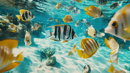 A vibrant underwater scene showcasing a variety of colorful fish swimming gracefully in clear ocean water, surrounded by coral and aquatic plants.の素材
