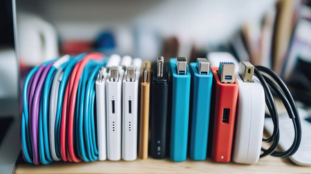 Collection of colorful cables and power banks arranged neatly on a wooden surface, showcasing modern technology accessories in an organized workspace.の素材