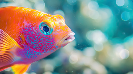 A vibrant orange fish swims gracefully in clear blue ocean water. This stunning underwater scene captures the beauty of marine life, showcasing colorful details and serene surroundings.の素材