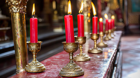 A stunning display of red candles in golden holders creates a warm and sacred ambiance in a historic sanctuary, inviting peace and reflection in a spiritual space.の素材