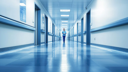 A healthcare worker moves down a well-lit corridor in a modern hospital. The clean, blue space is designed for patient care and efficient movement.の素材