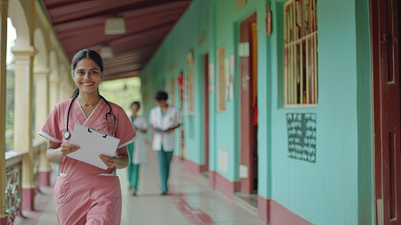 A smiling nurse walks through a vibrant healthcare clinic, holding a clipboard. Her friendly demeanor reflects dedication to patient care in a supportive environment.の素材