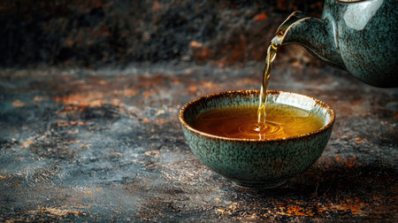 A serene scene featuring a teapot gracefully pouring herbal tea into a green bowl. The rustic background enhances the cozy ambiance, inviting relaxation.の素材