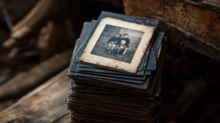 A stack of vintage black and white family photos evokes nostalgia, resting on a textured wood background. This atmospheric image captures a moment in time.の素材