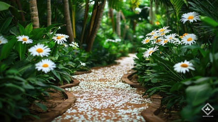 A serene garden pathway lined with vibrant white flowers and lush greenery, inviting tranquility and beauty. Ideal for nature and landscape-oriented projects.の素材