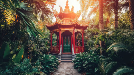 A stunning Asian pavilion set amid lush tropical plants, surrounded by vibrant greenery and illuminated by warm sunlight, creating a serene atmosphere perfect for relaxation.の素材
