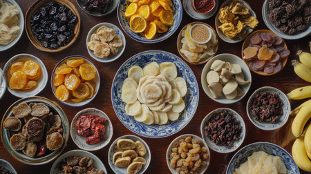 A vibrant display of assorted dried fruits and snacks in various bowls, showcasing the rich textures and colors of healthy delights for culinary inspiration.の素材