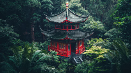 A stunning red pagoda nestled in vibrant green foliage, surrounded by lush trees. This captivating scene evokes peace and tranquility, perfect for escapism.の素材