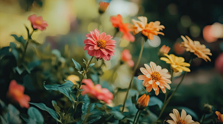 A vibrant flower garden showcasing colorful blooms in soft natural light. The image captures the beauty of nature with detailed petals and lush greenery.の素材