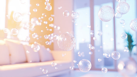 Delicate bubbles float gracefully in a bright room featuring a cozy sofa. The soft sunlight enhances the airy atmosphere, creating a sense of tranquility and beauty.の素材