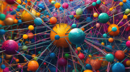 This vivid abstract image showcases colorful connections and structures, illustrating a dynamic network of relationships, perfect for science and technology themes.の素材