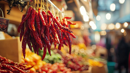 A stunning display of vibrant red chili peppers hanging in a bustling market stall, showcasing the rich colors and textures of fresh produce.の素材