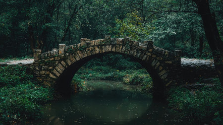A serene stone bridge spans over still water, enveloped by lush greenery in a peaceful forest setting. This tranquil scene invites nature lovers to explore its beauty.の素材