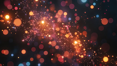 Colorful and vibrant abstract light particles create a mesmerizing display against a dark background, perfect for illustrating energy and creativity.の素材