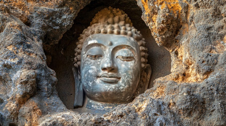 This image showcases a serene Buddha face elegantly carved into a rocky outcrop, symbolizing tranquility and spiritual reflection in a natural setting.の素材
