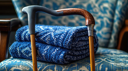 A serene indoor scene featuring a walking cane resting against a soft blue blanket on an ornate chair, symbolizing comfort and support in cozy surroundings.の素材