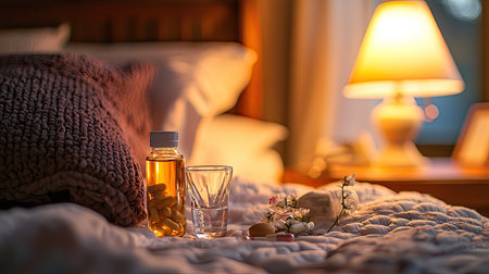 A tranquil bedroom scene featuring a bottle of medication, a glass, and soft textures, creating an atmosphere of comfort and wellness for restful sleep.の素材