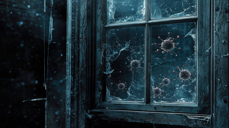 A haunting window scene featuring spider webs and floating viruses, creating a sense of isolation and fear within a dark and mysterious environment.の素材