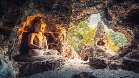 A serene Buddha statue sits peacefully in a tranquil cave surrounded by natural beauty, offering a perfect retreat for meditation and relaxation in nature.の素材