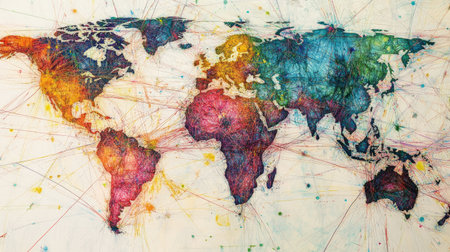 An artistic representation of the world map filled with vibrant colors and network lines, symbolizing global connection and diversity in modern design.の素材