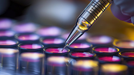 A close-up view of a technician performing precise pipetting into test tubes filled with vibrant pink liquid, showcasing meticulous laboratory techniques for research.の素材