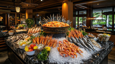 A vibrant seafood buffet display featuring an array of fresh seafood, including shrimp, crab, and fish. Perfect for food lovers seeking luxurious dining experiences.の素材