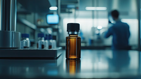 An amber glass bottle filled with liquid stands prominently in a laboratory. The blurred background reveals a technician, emphasizing a scientific research setting.の素材