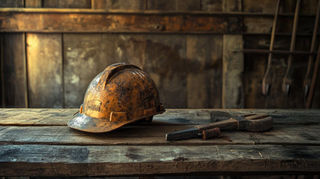 This image showcases a vintage mining helmet resting on a rustic wooden table, surrounded by tools, capturing the essence of industrial heritage and craftsmanship.の素材