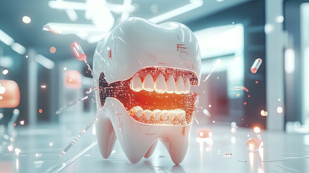 A striking futuristic tooth model featuring illuminated teeth and dynamic light effects, representing innovation in dental science and healthcare design.の素材