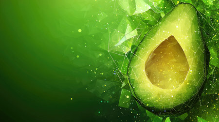 This stunning image features a vibrant avocado slice against a geometric green background. Perfect for health, food, and design projects emphasizing freshness and nutrition.の素材