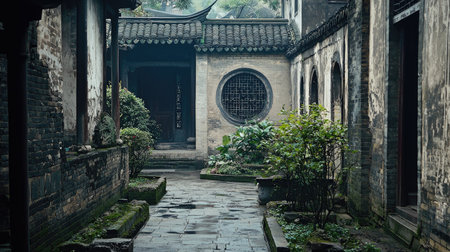 A serene courtyard featuring ancient architecture and lush greenery. The tranquil pathway invites exploration and reflects a rich cultural heritage.の素材