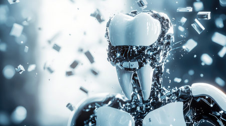 A striking futuristic robot head emerges with a fractured metallic surface, embodying both innovation and technology in a captivating design.の素材