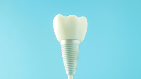 Unique illustration of a dental implant featuring a flower-shaped crown against a blue background, showcasing modern dental technology and aesthetics.の素材