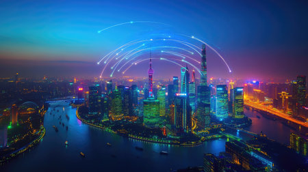 A breathtaking aerial view of Shanghai's skyline showcasing vibrant lights and advanced digital connectivity. The picturesque cityscape reflects modern technology and innovation.の素材