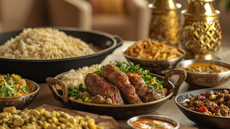 A vibrant spread of Mediterranean cuisine featuring grilled meat garnished with fresh herbs, accompanied by fragrant rice, various dips, and colorful side dishes, creating an enticing dining experience.の素材
