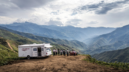 A stunning view of a mountain landscape featuring an RV and a group of travelers enjoying the serene atmosphere. Ideal for outdoor adventure themes.の素材