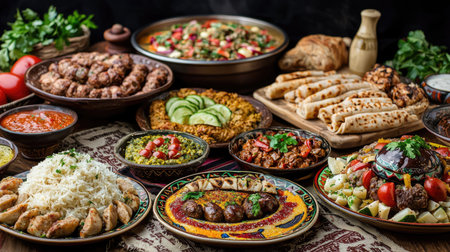 An inviting display of Middle Eastern cuisine featuring an array of dishes, including rice, meat, salads, and bread, set on a rustic table with vibrant colors.の素材