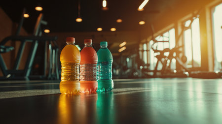 Three vibrant sports drink bottles in orange, red, and green sit on a gym floor, highlighting hydration and energy for fitness enthusiasts in a modern exercise space.の素材