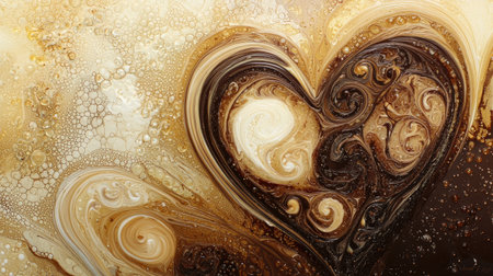 This abstract image features a heart shape created by creamy swirls in warm tones. The intricate pattern evokes emotion and beauty, ideal for love-themed projects.の素材